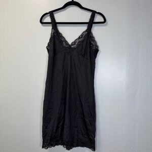 Vintage Illusion Black Lace Trim Full Slip Dress Nylon Adjustable Straps 36B S/M